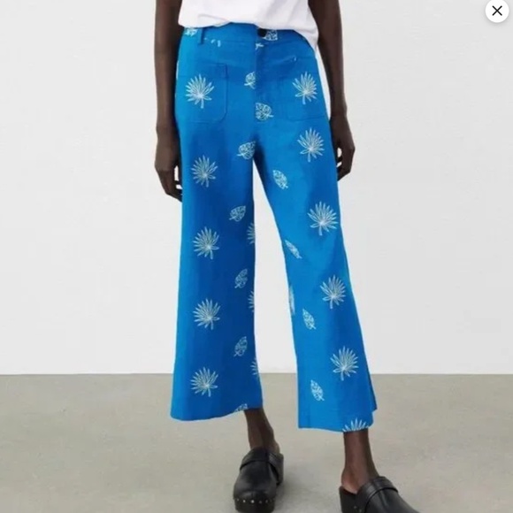 Zara Embroidered Cropped Linen Blend Pants - Picture 1 of 5